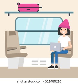 Young passenger sitting in the train compartment / editable flat vector illustration