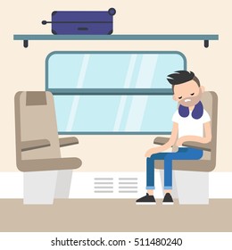 Young passenger sitting in the train compartment / editable flat vector illustration