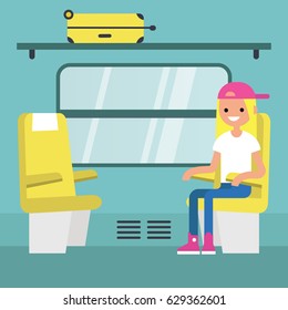 Young passenger sitting in the train compartment / editable flat vector illustration