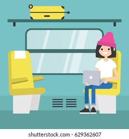 Young passenger sitting in the train compartment / editable flat vector illustration