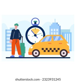 Young passenger standing outside with trolley bag, waiting for car. Taxi ordering, time for waiting on timer concept. Flat vector illustration with cartoon character in blue and yellow colors