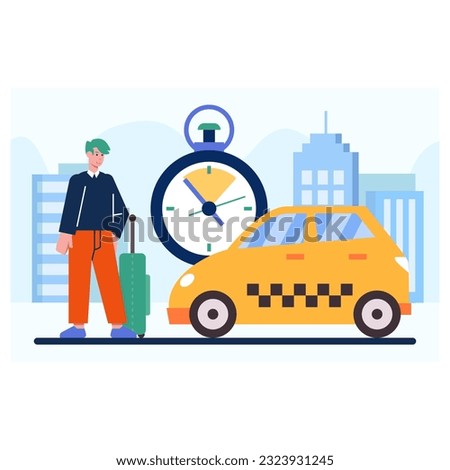 Young passenger standing outside with trolley bag, waiting for car. Taxi ordering, time for waiting on timer concept. Flat vector illustration with cartoon character in blue and yellow colors