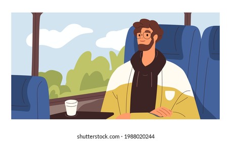 Young passenger traveling by bus, looking outside window at summer landscape with trees and sky. Happy tourist enjoying trip with coffee cup in comfortable transport. Colored flat vector illustration.
