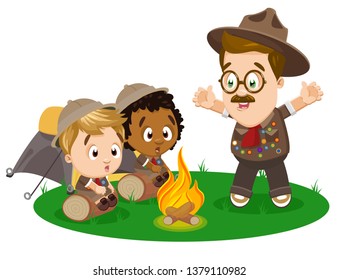 Young pathfinders sitting near bonfire and listening of stories of Scout Leader. Multiracial boy scouts spending time next to tent in camping zone. Vector cartoon clipart isolated on white background