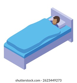 Young patient is lying in a hospital bed, covered by a blue blanket