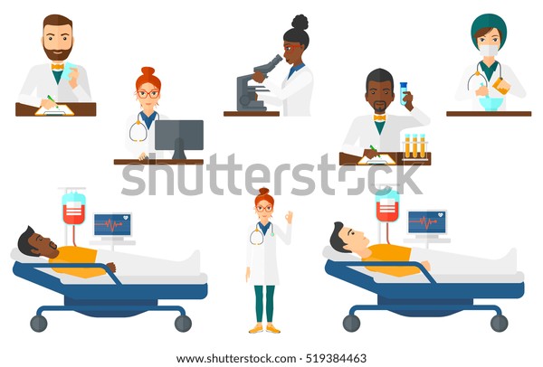 病院のベッドに横たわる若い患者 心拍数モニターを持つ患者と 病院のベッドに横たわる輸血用の装置 白い背景にベクターフラットデザインイラスト のセット のベクター画像素材 ロイヤリティフリー