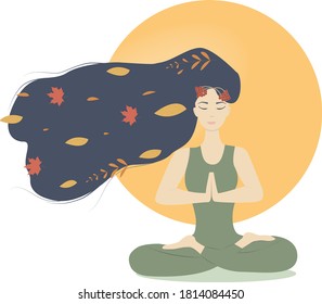 Young peaceful woman with long hair and autumn leaves. Vector illustration isolated on white background.