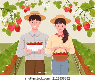 A young peasant couple is standing on a strawberry farm with a basket of strawberries. Strawberry farm concept vector illustration.