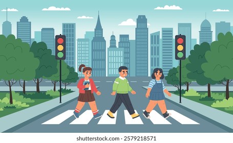 Young pedestrians cross road on zebra crossing. Kids walk crosswalk, students go to school, compliance traffic rules, vector illustration