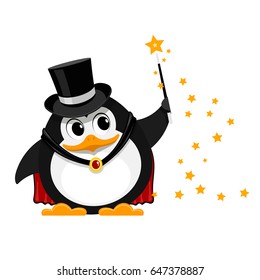 Young penguin magician. Cartoon image of a small funny penguin magician on stage with a magic wand. Young wizard at the concert. Vector illustration