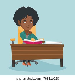 Young pensive african student sitting at the table and thinking. Thoughtful student sitting at the desk with notebook and pen. Student doing homework. Vector cartoon illustration. Square layout.