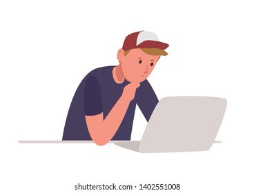 Young pensive boy sitting at laptop computer and studying hard isolated on white background. Student or schoolboy preparing for exams at university or school. Flat cartoon colored vector illustration.