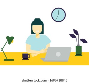 Young pensive girl sitting at laptop computer and studying hard isolated on white background. Student or schoolboy preparing for exams at university or school. Flat cartoon colored vector illustration