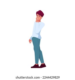 Joven hombre en prisión aislado de fondo blanco. Pensamiento masculino de caracteres, solución de búsqueda, tarea difícil de resolver, desarrollo de ideas. Persona reflexiva en problemas. Ilustración del vector de dibujos animados