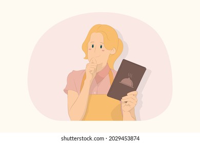 Junge pensive nachdenkliche Chefkoch-Bäckerin hält Rezepte-Kochbuch-Konzept