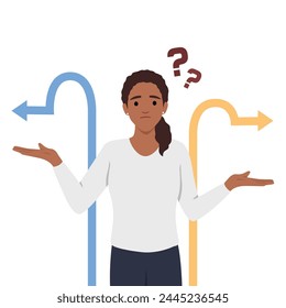 Young pensive thoughtful confused doubtful woman standing and choosing between two ways. Flat vector illustration isolated on white background