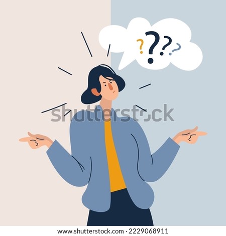 Young pensive thoughtful confused woman cartoon character standing and choosing between two ways pointing in other sides. Choice, thinking, doubt, problem concept. Vector illustration.