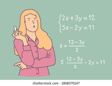 Young pensive thoughtful schoolgirl standing near blackboard and solving math equation with chalk. Educational process.