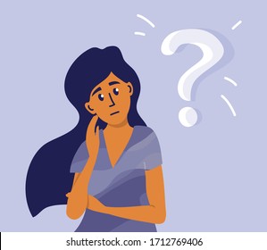 Young pensive woman making decision looking at question mark. Worried girl thinking about life problem, doing difficult choice, deep in thought. Concept of thoughtful lady. Cartoon vector illustration