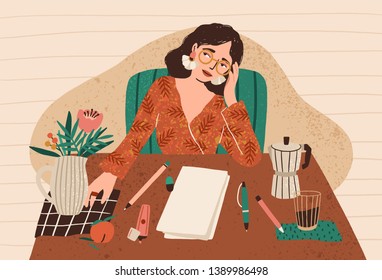 Young pensive woman sitting at desk with clean sheet of paper in front of her. Concept of writer's block, fear of blank slate, creativity crisis, work start problem. Flat cartoon vector illustration.