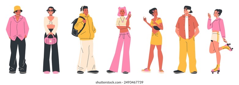 Young people from 90s vector flat illustrations isolated set. Y2K trendy style fashion. Glamour POP culture 00s street style outfit teenager character clothes. Wide trousers, mini skirts and jewelry