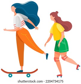 Young people active lifestyle extreme sport set. Girls roller skating and riding skateboard. Hipster sports walk, hobby. Skateboarding and rollerblading. Teenagers have fun walking isolated friends