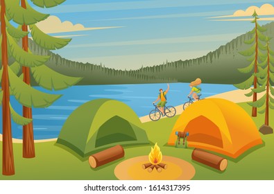 Young people actively spend holidays, Cycling, camping. Vector illustration. Flat 2D character