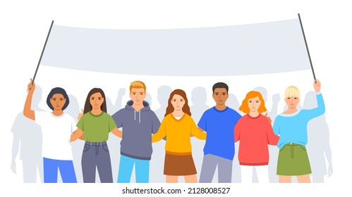 Young People Activists, Angry Boys And Girls Stand Together Holding A Political Banner. Peaceful Students Demonstration. Public Protests For Justice. March For Civil Rights. Flat Cartoon Illustration