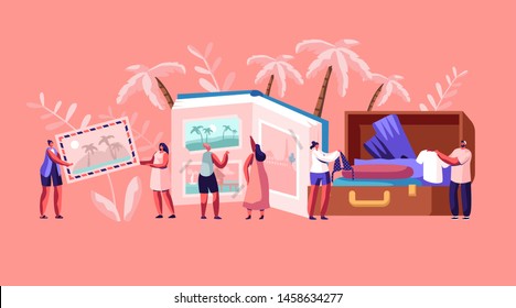 Young People After Vacation Concept, Tiny Characters Men and Women Watching Photo Album, Take Out Clothes and Souvenirs from Suitcase. Memory, Photography, Trip. Cartoon Flat Vector Illustration