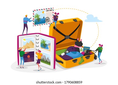 Young People After Vacation Spare Time Concept. Tiny Characters Men and Women Watching Photo Album, Take Out Clothes and Souvenirs from Suitcase. Memory, Photography, Trip. Cartoon Vector Illustration