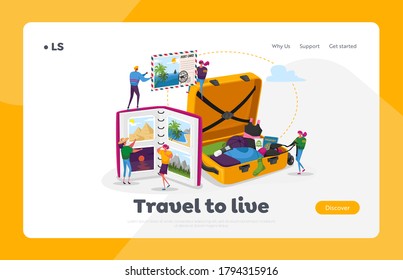 Young People After Vacation Spare Time Landing Page Template. Tiny Characters Watching Photo Album, Take Out Clothes and Souvenirs from Suitcase. Memory, Photography, Trip. Cartoon Vector Illustration