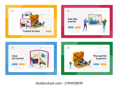 Young People After Vacation Spare Time Landing Page Template Set. Tiny Characters Watching Photo Album, Take Out Clothes and Souvenirs from Suitcase. Memory, Photography. Cartoon Vector Illustration