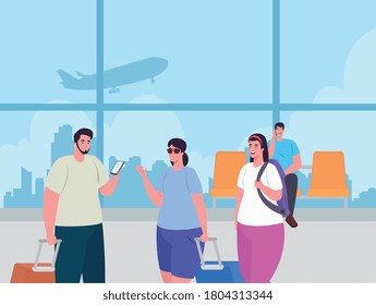 young people in the airport terminal, passenger at airport terminal with baggages vector illustration design
