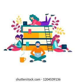 Young people around a stack of books are getting online education, chatting on social networks and working as freelancers. Vector illustration for banners, social networks and advertising posters.
