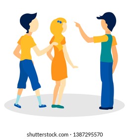 Young People Asking Way Flat Vector Illustration. Lost Tourists Looking for Location Isolated Characters. Cartoon Man Showing Direction, Pointing Gesture. Male Passerby Explaining, Giving Information