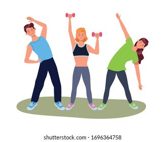 young people athletes practicing exercise characters vector illustration design