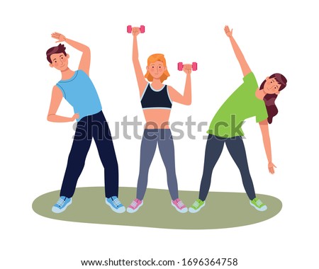 young people athletes practicing exercise characters vector illustration design