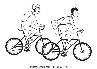 Young people with backpack and bag riding bicycles cartoon ,vector illustration graphic design.