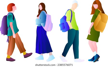 Young people with backpacks, drawn in flat style illustration