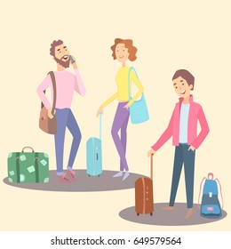 Young people with bags ready for traveling. Cartoon character of adult or students. Travelers with luggage. Holiday, vacation, journey person. Vector illustration of tourism. Adventure lifestyle.