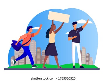 Young people with banner at social meeting. Opinion, crowd, cityscape flat vector illustration. Politics and democracy concept for banner, website design or landing web page
