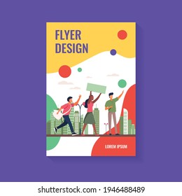 Young people with banner at social meeting. Opinion, crowd, cityscape flat vector illustration. Politics and democracy concept for banner, website design or landing web page