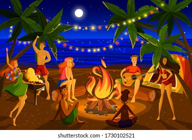 Young people at beach night party, cartoon characters around campfire on exotic island, vector illustration. Fun vacation summer holiday, happy guys and girls together. Cheerful friends party at night