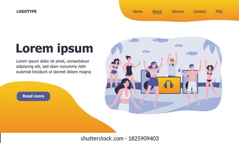 Young people at beach party flat vector illustration. Cartoon man and woman drinking cocktails, dancing and relaxing with DJ music. Friendship and summer vacation concept
