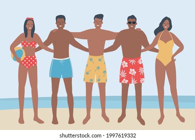 Junge Leute in Strandbekleidung stehen am Meer. Junge Frauen und junge Männer in Badeanzügen und Schwimmstämmen stehen zusammen. Freunde in Strandanzügen stehen und umarmen. Vektorgrafik