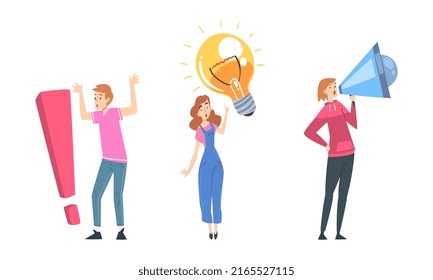 Young people with big exclamation sign, megaphone and lightbulb cartoon vector illustration