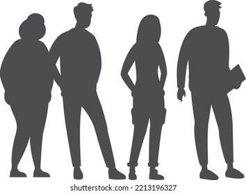 Young people black silhouettes. Standing adult students isolated on white background