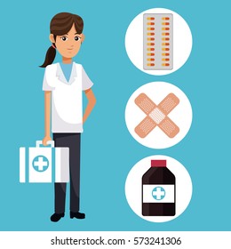 young people with box first aid and icon medical