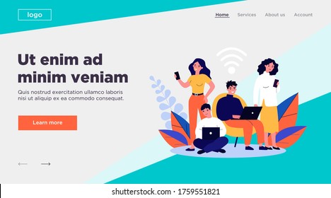 Young people browsing online via laptop and smartphones flat vector illustration. Users watching movie, surfing on sites and using Wi-Fi. Social media and digital technology concept.