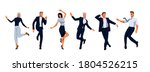 Young people in business suits are having fun and standing in variable dancing poses. Elegantly Dressed in Formal Suit business men and business women.
